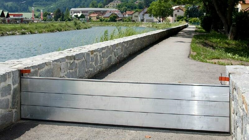PREFA flood protection installed next to a river 