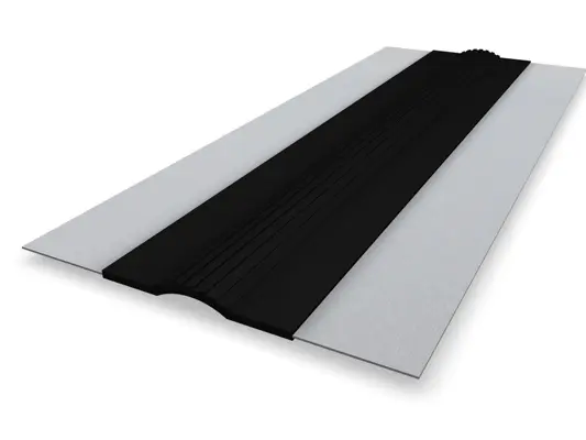 PREFA on-roof gutter expansion joint, aluminium, black, 6,000 x 375 mm, high-quality sealing solution for gutter installation.