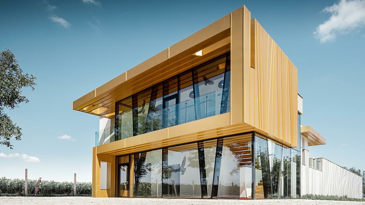 Newly built Rúbaň winery with large glass surfaces and an aluminium façade in maya gold