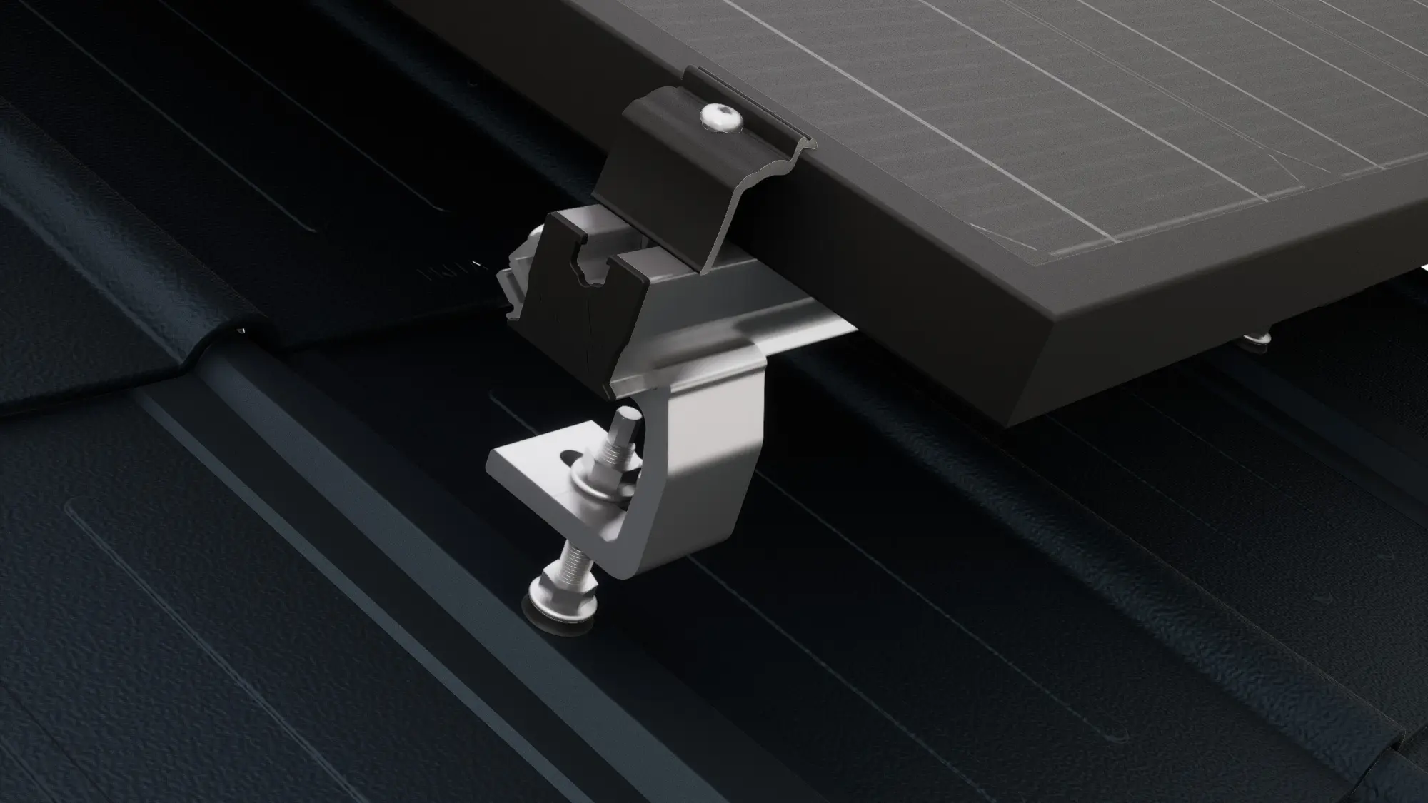 Close-up of the PREVARIO Sunny Special solar bracket mounted on the PREFA roof tile, which supports the profile rail. The solar module was fastened to the profile rail using the PREVARIO end clamp.