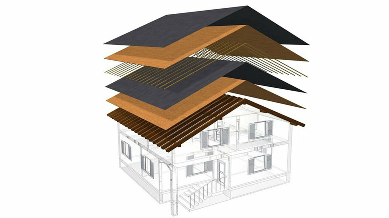 Technical drawing of a cold roof structure, multi-skin roof structure with battens, full casing, separation layer, truss; attic can be used as living space; double-skin roof structure, ventilated roof construction; counter battens