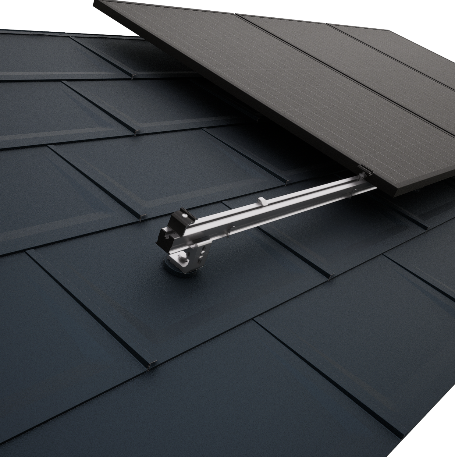 Close-up of a PREFA roof with PV modules fastened using the PREVARIO solar panel mounting system.