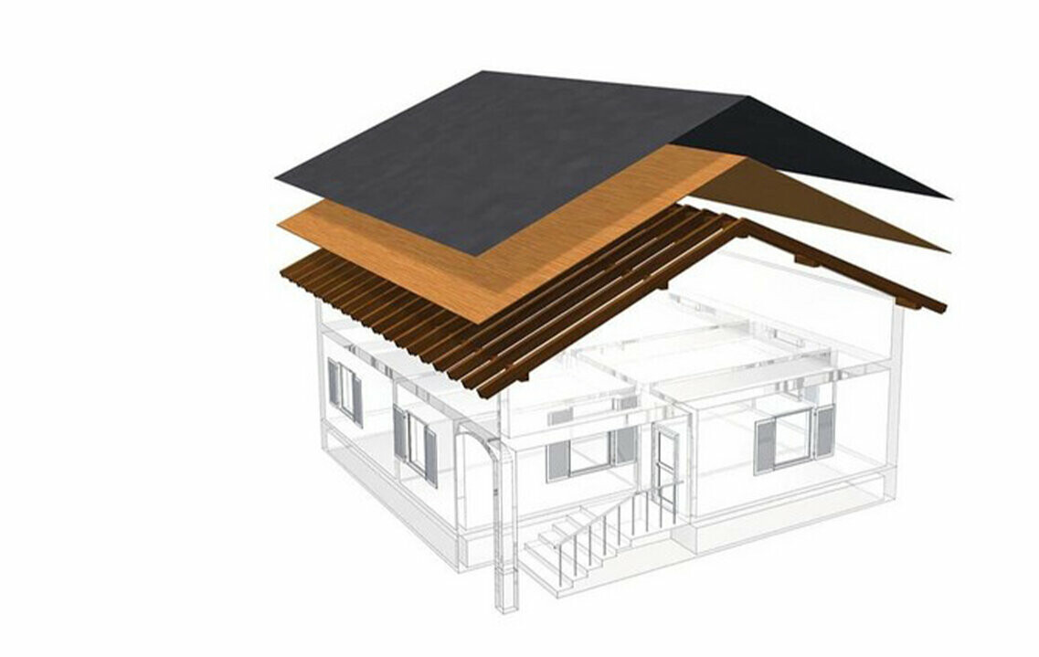 PREFA technical drawing of a single-skin roof structure – the attic cannot be used as a living space because it acts as the ventilation layer for the metal roof; full casing and separation layer without battens; warm roof