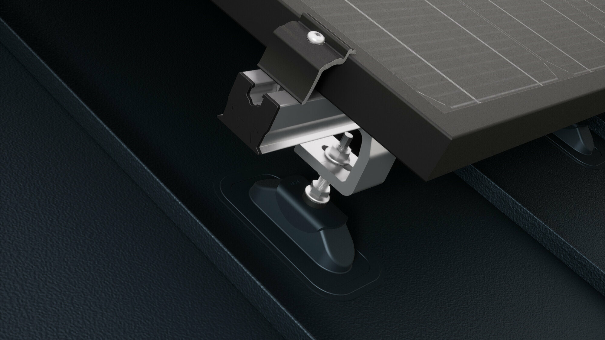 Close-up of the PREVARIO Sunny solar bracket mounted on a PREFALZ roof, which supports the profile rail. The solar module was fastened to the profile rail using the PREVARIO end clamp.