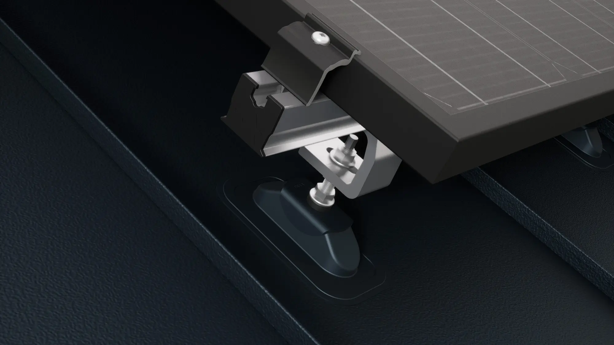 Close-up of the PREVARIO Sunny solar bracket mounted on a PREFALZ roof, which supports the profile rail. The solar module was fastened to the profile rail using the PREVARIO end clamp.