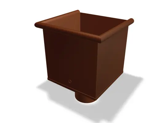 PREFA leader heads, available in sizes Ø 80, 100, 120 and 150 mm, are used to collect and direct rainwater in roof drainage systems.