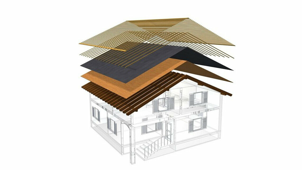 Technical drawing of a cold roof structure, multi-skin roof structure with battens, full casing, separation layer, truss; attic can be used as living space; double-skin roof structure, ventilated roof construction; counter battens